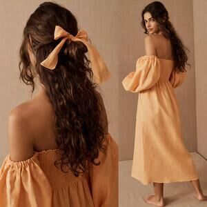 SLEEPER Atlanta Linen Off-Shoulder Midi Dress‎ Coral Orange Size Medium NWT